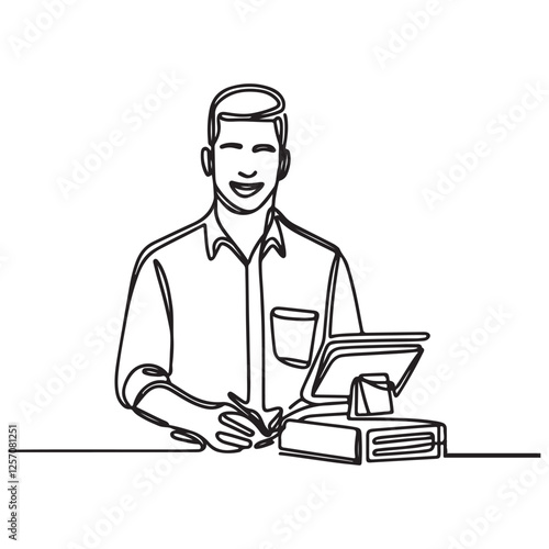 continuous one single line art doodle drawing of man seller cashier illustration