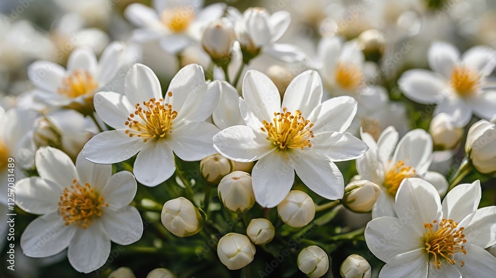 Obraz premium Closeup Of Blooming White Flowers With Yellow Centers
