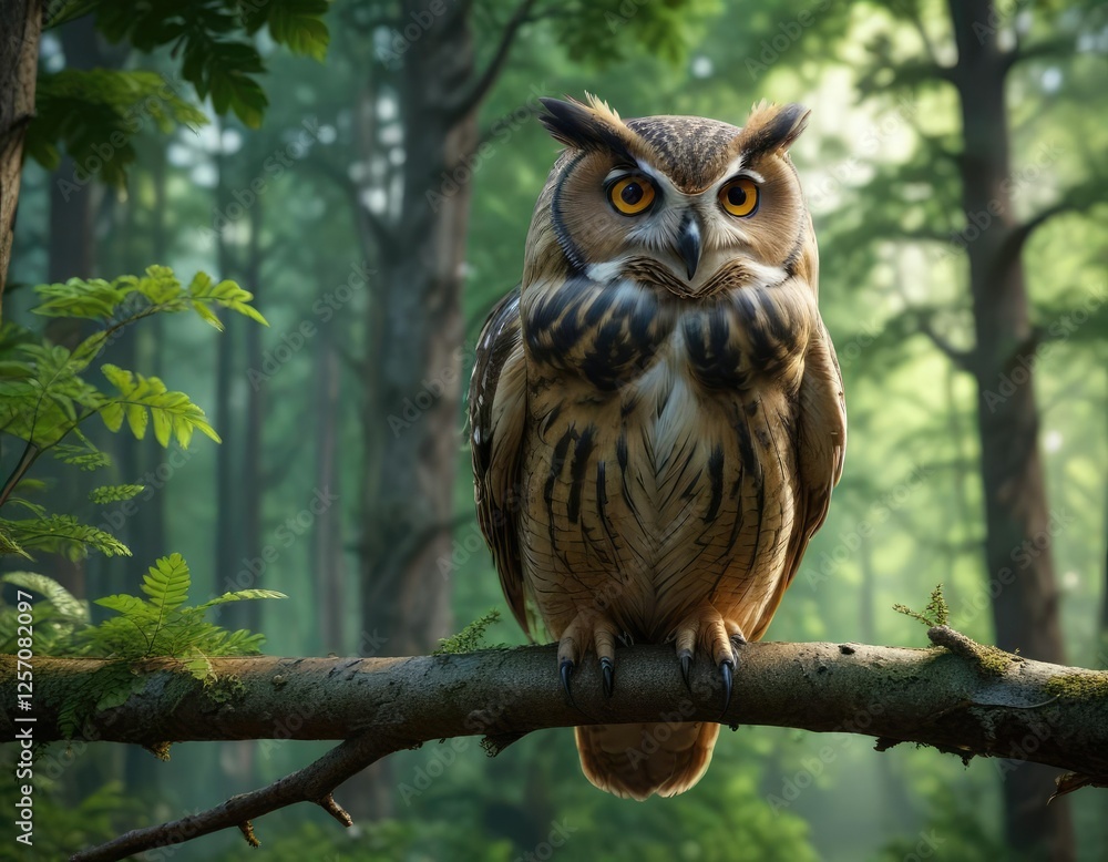 Masterful owl perched on branch in deep woods with vibrant greenery, lush foliage, arboreal predator Masterful owl perched on branch in deep woods with vibrant greenery, lush foliage, arboreal predator