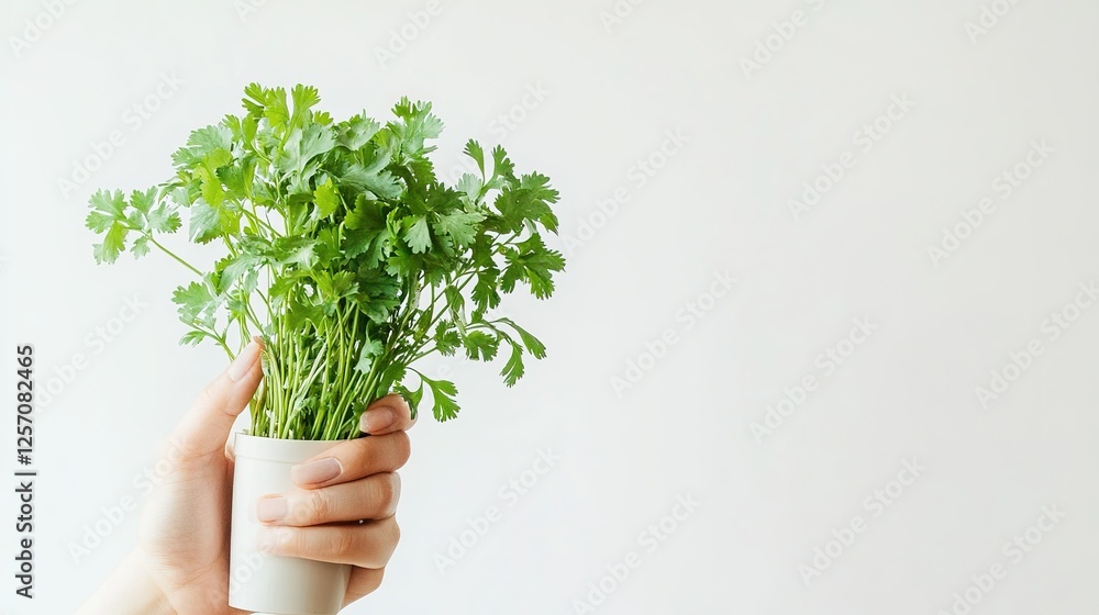 Fresh Coriander in Hand with Solid White Background: A Simple and Elegant Display Fresh Coriander in Hand with Solid White Background: A Simple and Elegant Display