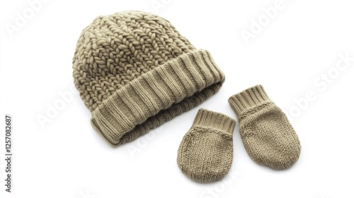 Knitted Baby Hat and Mittens Set on White Background photo