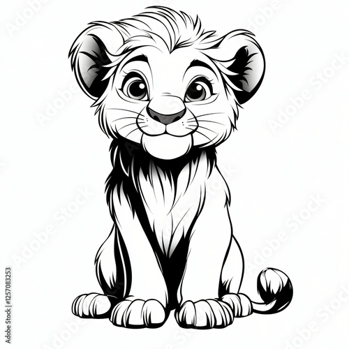 Adorable Cartoon Lion Cub Sitting Black and White Illustration Cute Animal Design