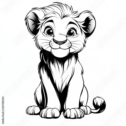 Fototapeta Adorable Cartoon Lion Cub Sitting Black and White Illustration Cute Animal Design