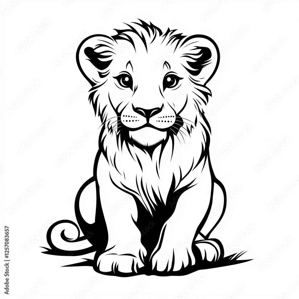 Adorable Lion Cub Black and White Illustration Cute Wildlife Animal Sitting Pose Graphic Design Adorable Lion Cub Black and White Illustration Cute Wildlife Animal Sitting Pose Graphic Design