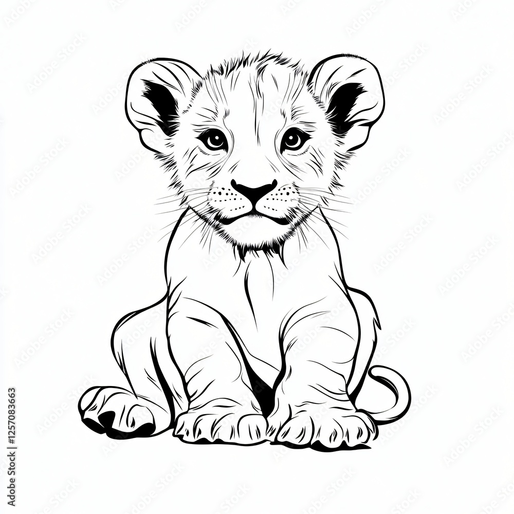 Obraz premium Adorable Lion Cub Line Art Illustration Wildlife Baby Animal Cute Kitten African Safari Theme Black