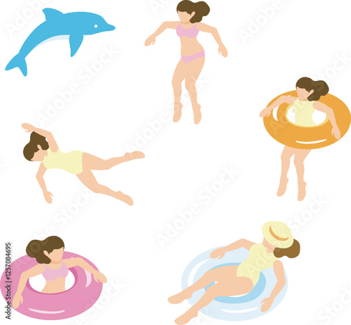 アイソメトリック　人物　女性　海　プール　水着　水泳　夏　レジャー　トラベル　イラスト素材セット