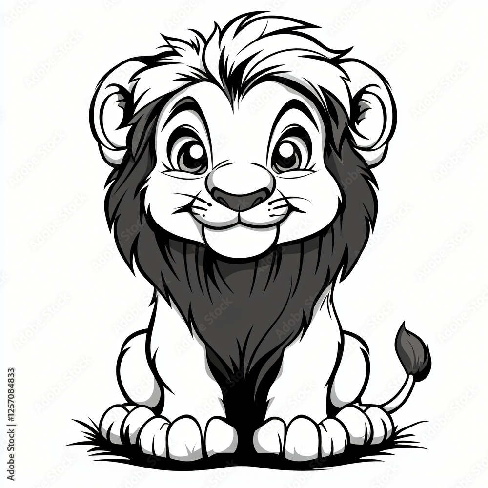 Obraz premium Adorable Cartoon Baby Lion Cub Sitting Monochrome Illustration Cute Animal Graphic