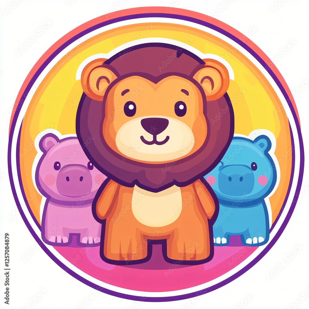 Fototapeta premium Adorable Cartoon Lion with Hippos Cute Animal Illustration Kids Design