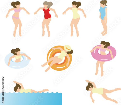 アイソメトリック　人物　女性　海　プール　水着　水泳　夏　スポーツ　レジャー　イラスト素材セット