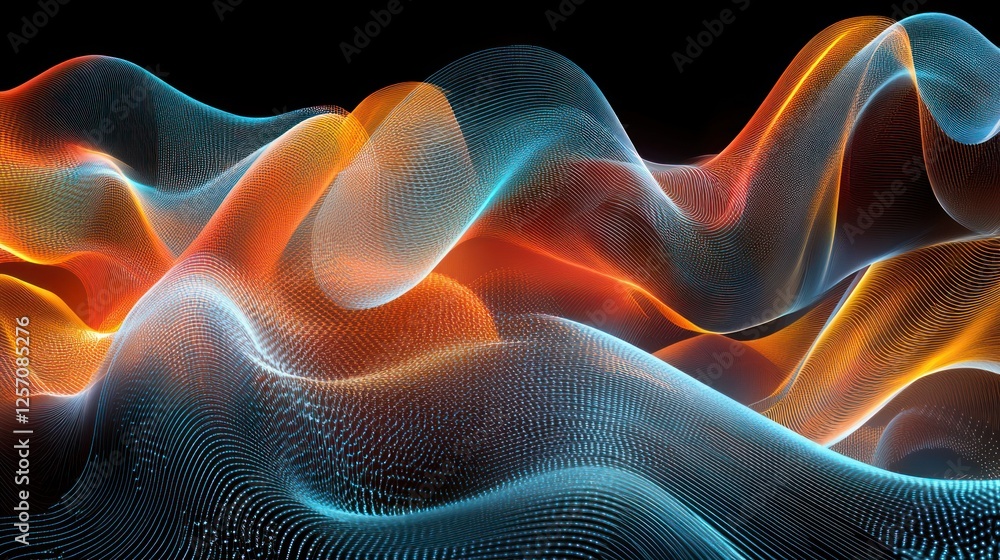 Fototapeta premium Abstract orange and blue glowing wave particles.