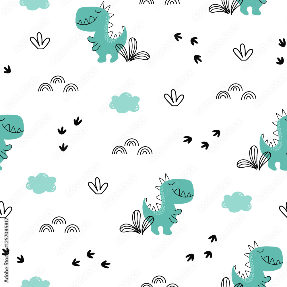 Naklejka premium Cute seamless pattern with various dinosaurs, mountains, volcanoes, palm trees, clouds, eggs, footprints. Vector illustration. Creative kids background for fabric
