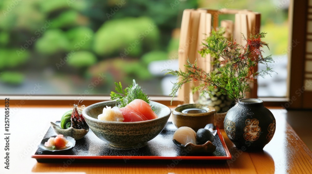 A chef's table setting with freshly prepared uni and seafood sauce, elegantly plated. A chef's table setting with freshly prepared uni and seafood sauce, elegantly plated.