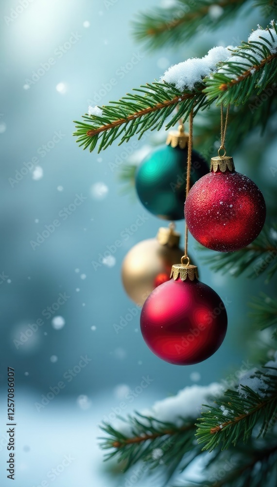 Evergreen branch with ornaments against a snowy background, ornament, snowy Evergreen branch with ornaments against a snowy background, ornament, snowy
