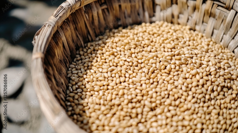 A close-up of freshly harvested Japanese rice grains in a traditional woven basket. A close-up of freshly harvested Japanese rice grains in a traditional woven basket.