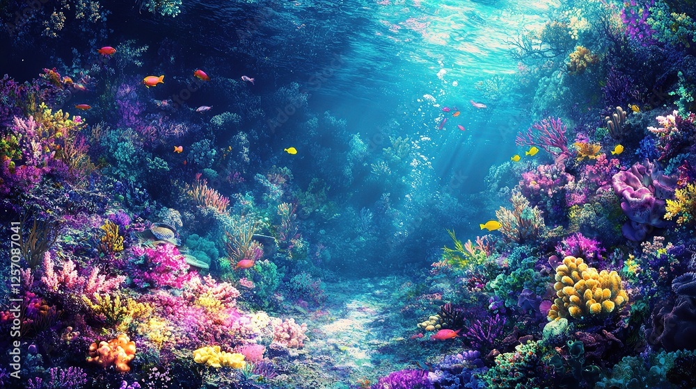 Naklejka premium Vibrant Coral Reef Teeming with Colorful Marine Life Underwater