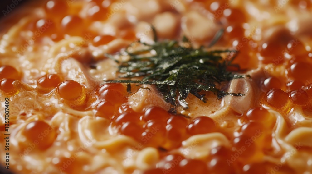 A close-up of the creamy texture of uni, enhanced with a rich seafood sauce. A close-up of the creamy texture of uni, enhanced with a rich seafood sauce.