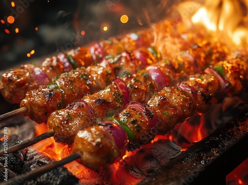 Grilled Meat Skewers with Vegetables on Open Flame BBQ