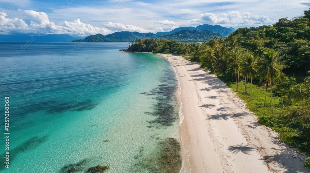 Untouched paradise, serene beach scenery with azure waters and lush flora