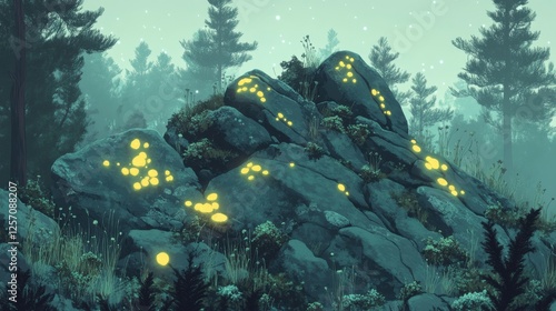 Lichens thrive on ancient rocks in a misty forest, showcasing nature's symbiotic wonders at dawn photo