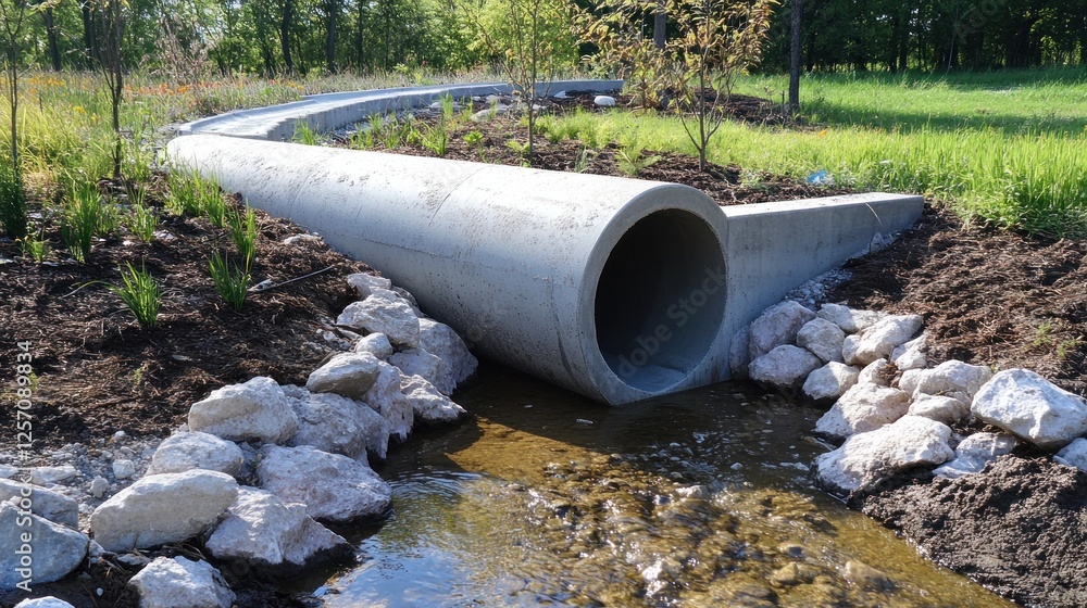 Concrete pipe culvert draining water into a stream. Concrete pipe culvert draining water into a stream.