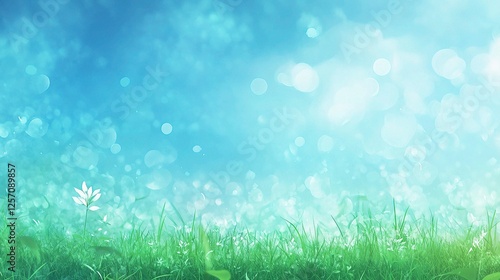 Lush Green Grass with Soft Blue Background and Dreamy Bokeh Effect