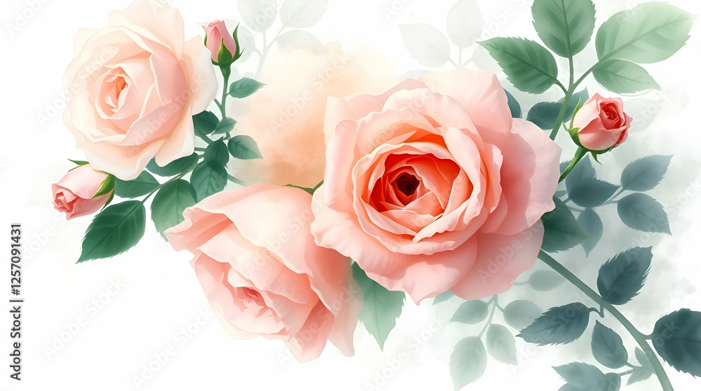 Fototapeta premium watercolor roses in soft pink hues neutral background. Watercolor Flowers. Watercolor floral illustration set. watercolor roses background. watercolor florals.