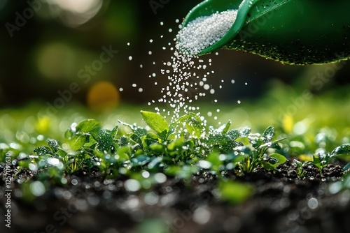 granular fertilizer application for lush green lawn care in gardening season
