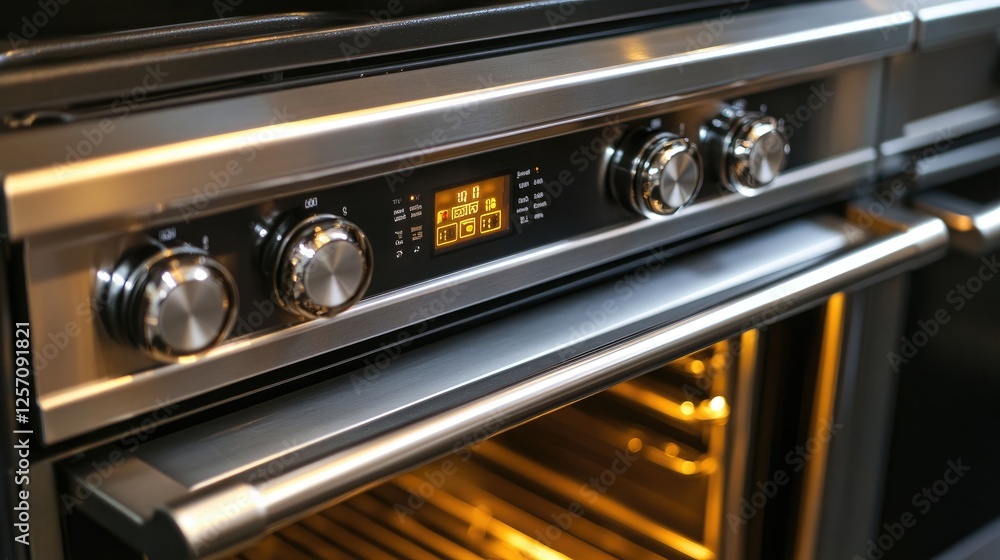 A double-oven range with a digital clock and precise temperature controls. A double-oven range with a digital clock and precise temperature controls.