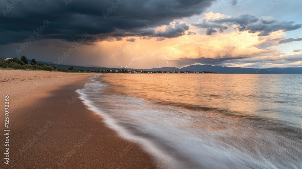 A dramatic storm approaching a quiet beachside, with dark clouds and distant lightning. A dramatic storm approaching a quiet beachside, with dark clouds and distant lightning.
