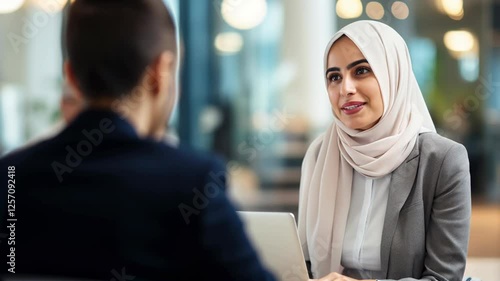 Smiling Middle eastern businesswoman wearing a hijab having a meeting conversation with a co-worker at the workplace	
