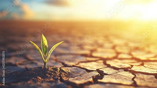 Hope in the Arid Land: A single resilient sprout emerges from the cracked, sunbaked earth, reaching towards the golden rays of the setting sun.  The image evokes a sense of hope, resilience. photo