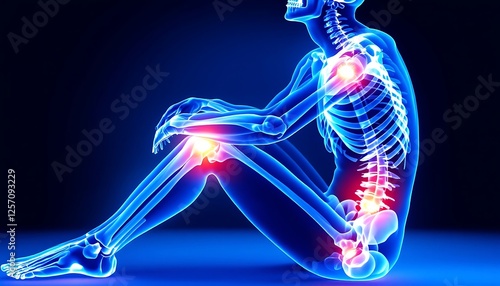 Human Skeleton Highlighting Joint Pain and Spinal Discomfort Illustration