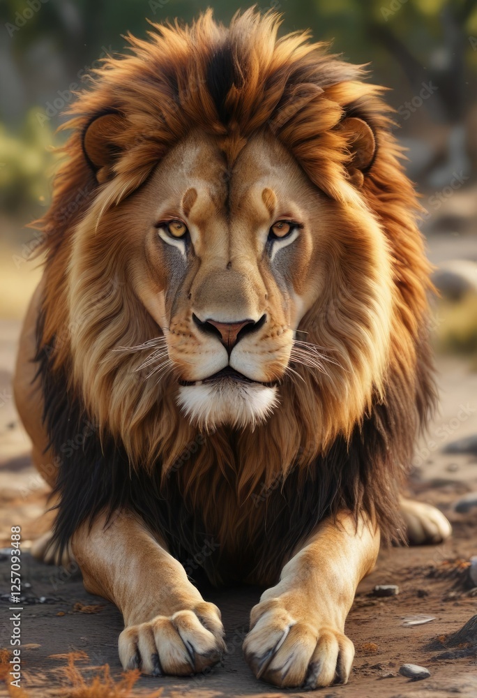 Majestic lion on the ground with its mane flowing in the breeze, whisker flexibility, grassy plain Majestic lion on the ground with its mane flowing in the breeze, whisker flexibility, grassy plain