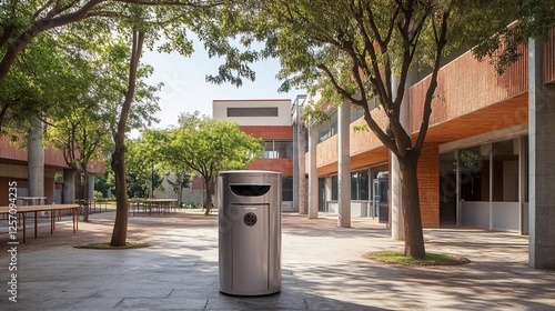 Modern trash can in campus courtyard, sunny day
