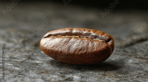 Close-up of a single coffee bean resting on a textured stone surface, showcasing its rich color and detail
