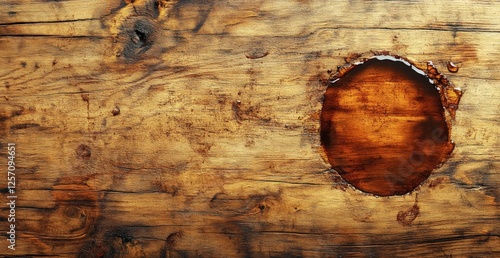 Close-up of a rustic wooden surface with a glossy circular stain, showcasing natural texture