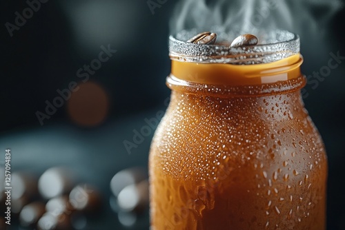 Close-up of a steaming coffee drink in a jar, with droplets, surrounded by coffee beans