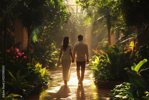 Couple stroll tropical garden, sunlight path