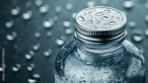 Close-up of a water bottle with droplets, showcasing freshness and hydration on a dark surface