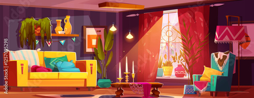 Boho living room interior with yellow sofa and green armchair. Cozy space decorated with plants and hanging dreamcatcher, textiles with geometric pattern, candlesticks, ornamental lamp and window.