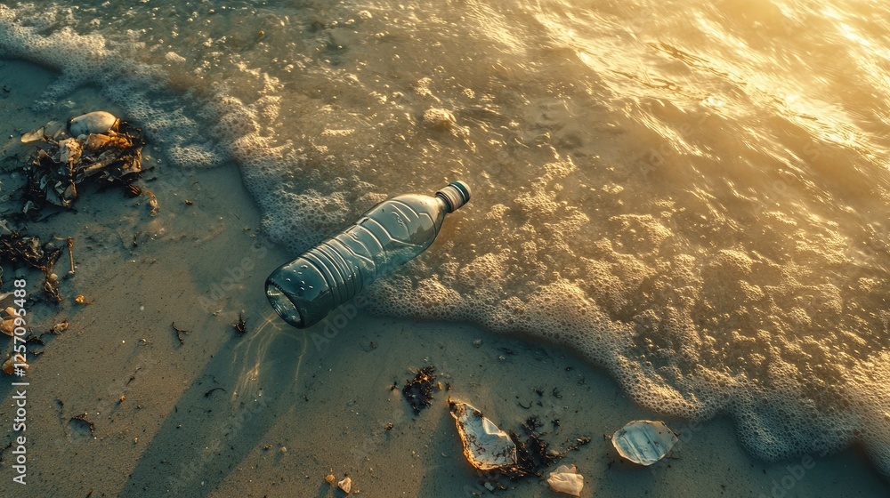 Ocean's Cry: A discarded plastic bottle lies on the beach, partially submerged in the tide, amidst other litter, highlighting the devastating effects of pollution on marine environments. Ocean's Cry: A discarded plastic bottle lies on the beach, partially submerged in the tide, amidst other litter, highlighting the devastating effects of pollution on marine environments.