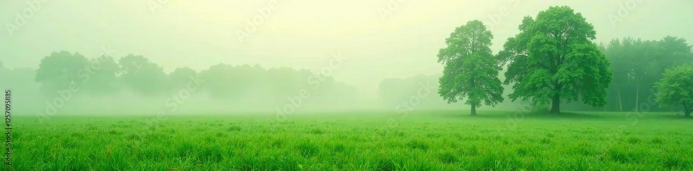 Fototapeta premium Misty fog on a lush green pasture with tall trees, mist, landscape