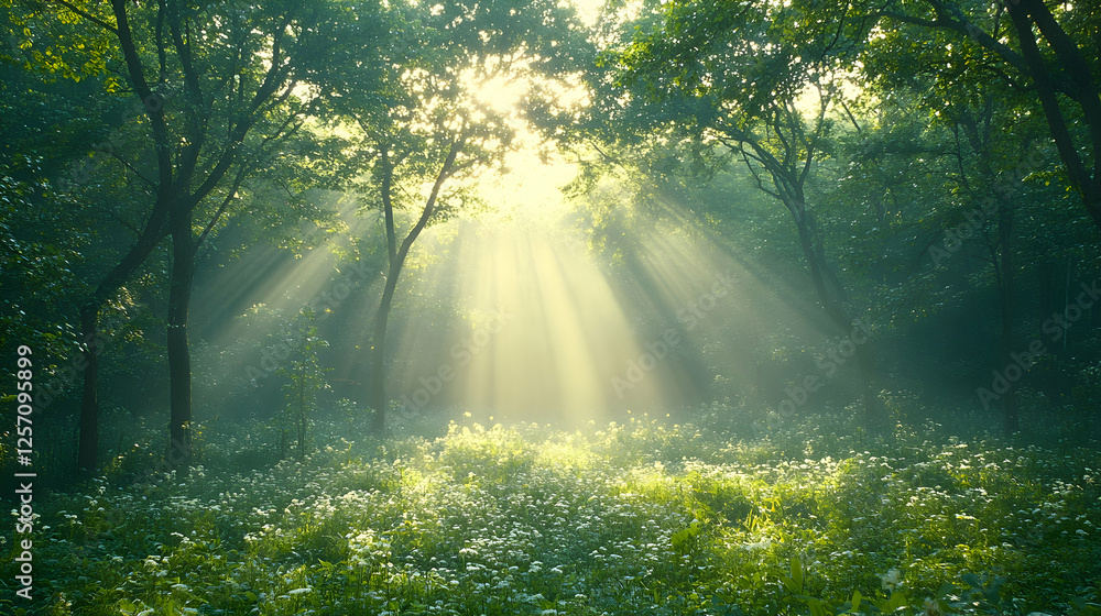 Obraz premium Photo Sunlight Beams Through Forest Trees Wildflowers Nature Background