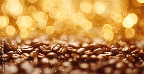 Close-up of coffee beans scattered on a surface with a shimmering golden bokeh background