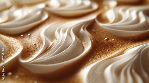 Close-up of creamy swirls on a dessert surface, highlighting texture and sheen with droplets