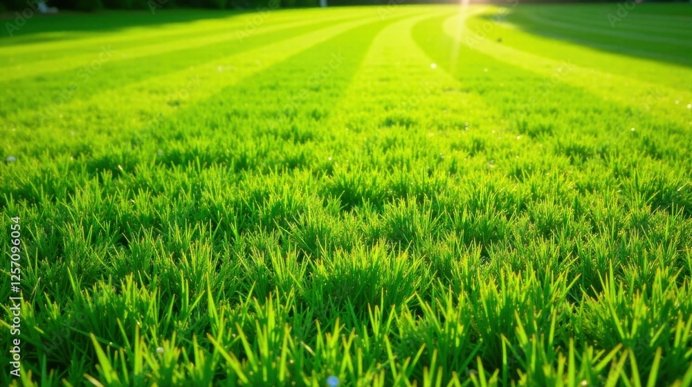 Obraz premium Vibrant Green Grass Field at Dawn with Sunlit Blades and Soft Dew Drops