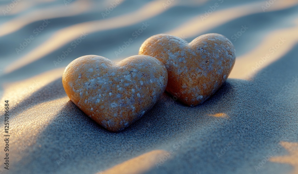 Obraz premium Heart Shaped Stones on Serene Sand Waves with Soft Natural Light