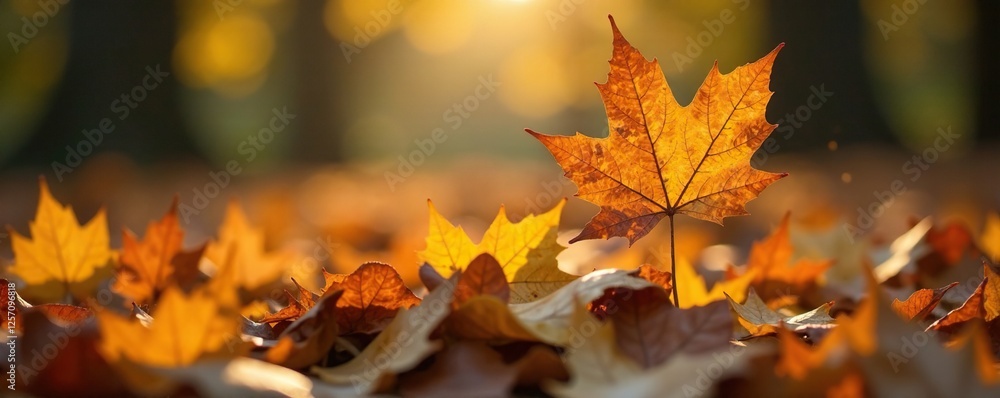 Delicate leaf suspended above pile of fallen leaves, warm sunlight filtering through, season, shadows Delicate leaf suspended above pile of fallen leaves, warm sunlight filtering through, season, shadows