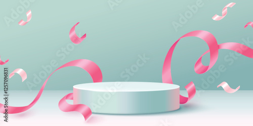 Round podium with curling pink ribbons, floating confetti streamers, decorative elements on mint pastel background. Cylindrical platform display stage for product presentation or festive showcase.