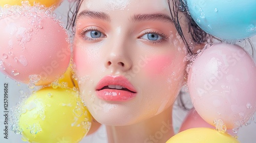 Beautiful woman surrounded by colorful balloons with water droplets